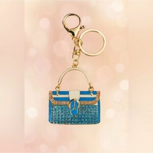Gold-Tone Blue Rhinestone Bag Charm Keychain - Sparkly Purse Accessory, Handbag